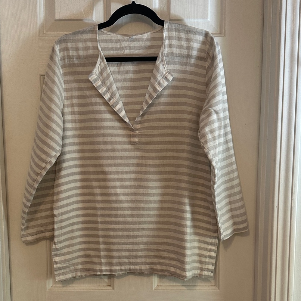 Turkish t tan white striped 100% cotton tunic top L/XL